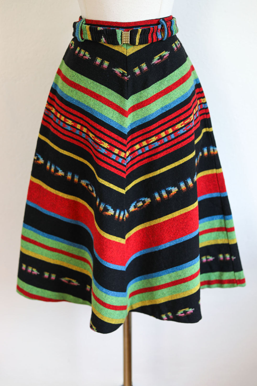 Vintage 1970s Skirt - Striking Wool Black Rainbow Serape Bias High Waist w Rare Belt Size S