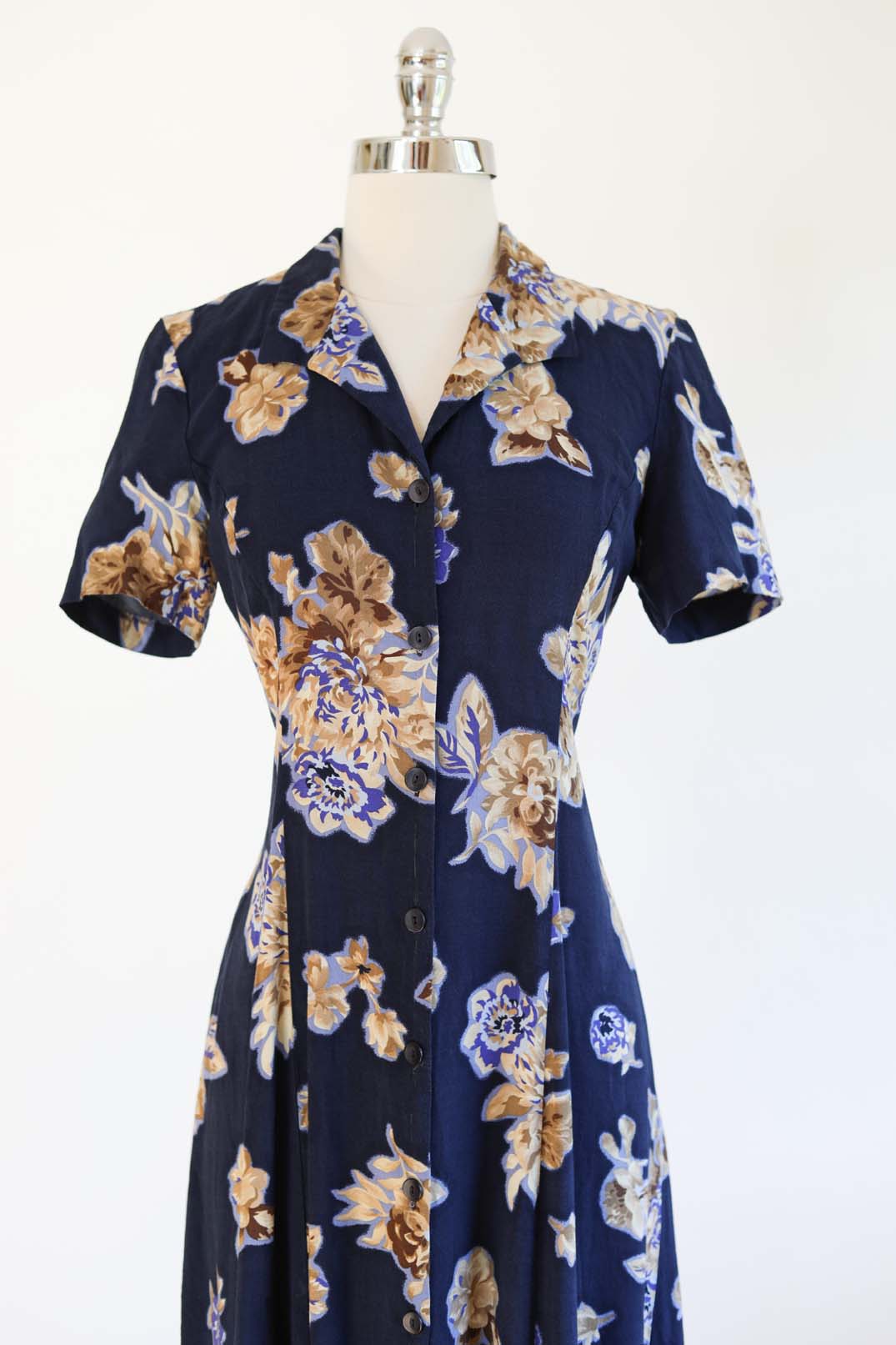 Vintage 1990s does 1940s Dress - Navy Blue w Soft Fawn Bold Peony Print Princess Seam Rayon Cutie Size M