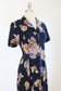 Vintage 1990s does 1940s Dress - Navy Blue w Soft Fawn Bold Peony Print Princess Seam Rayon Cutie Size M
