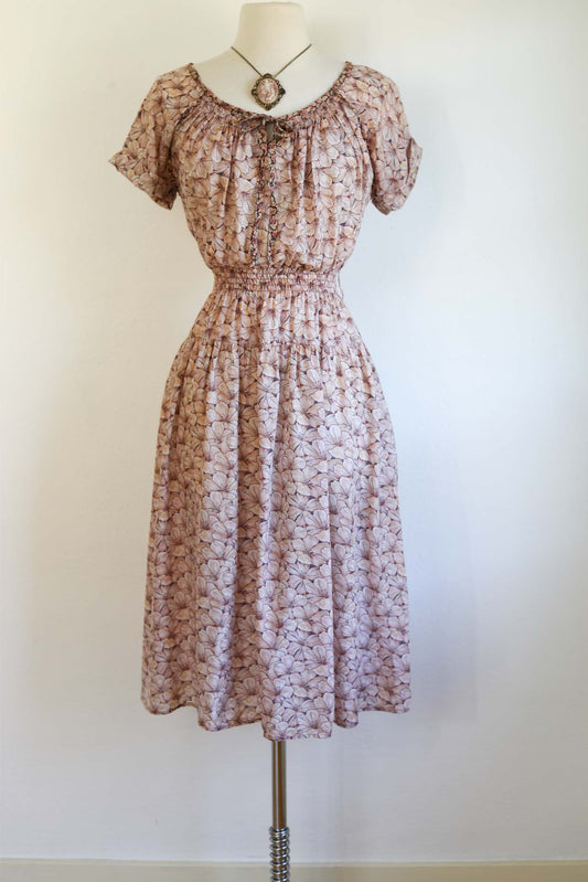 Vintage 1970s Midi Dress - Silky, Flowy Layered Blossom Print Pale Blush Folk Sundress Size XS to M