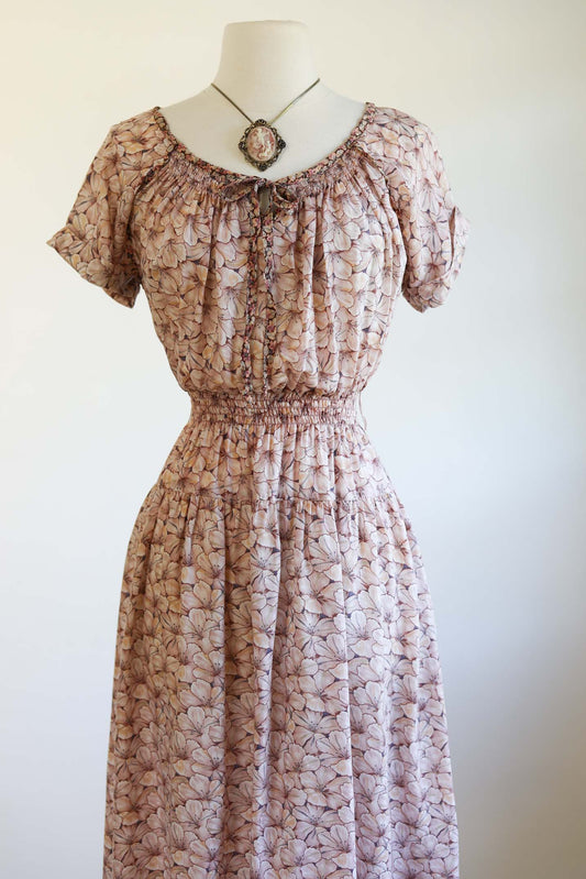Vintage 1970s Midi Dress - Silky, Flowy Layered Blossom Print Pale Blush Folk Sundress Size XS to M