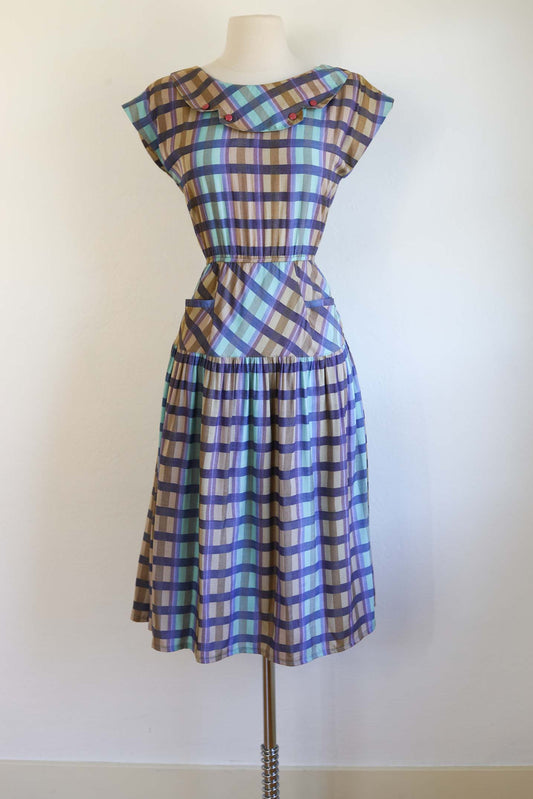 Vintage 1980s Madras Plaid Dress - Darling Violet Aqua Fawn w Button Trim Sundress Size