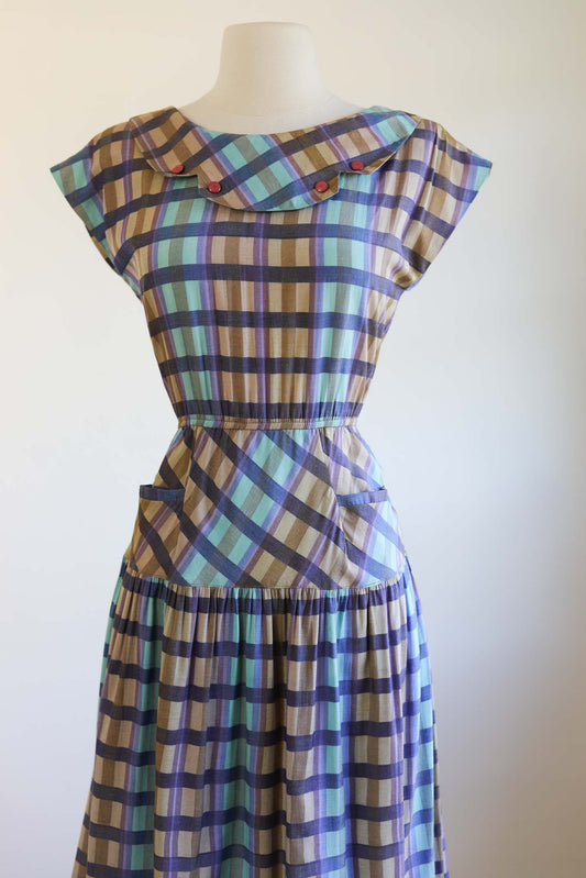 Vintage 1980s Madras Plaid Dress - Darling Violet Aqua Fawn w Button Trim Sundress Size