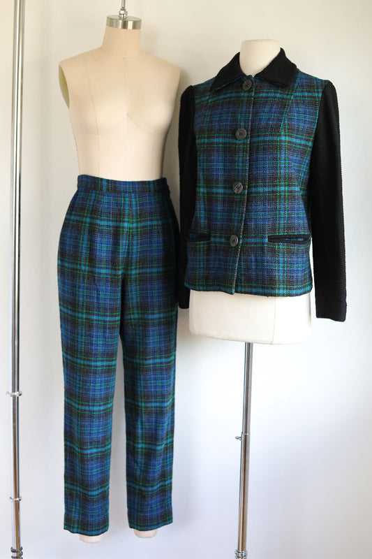 Vintage 1950s to 1960s Pantsuit - Pendleton Wool Plaid Sporty Jacket + Cigarette Pants Rare Knitwear Size S to M