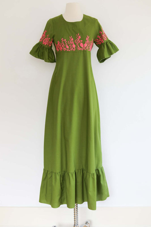 Vintage 1960s to 1970s Maxi Dress - Vibrant Olive Green Cotton Blend + Hot Pink Embroidery Mexican Gown Kaftan Size XS to S