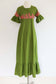 Vintage 1960s to 1970s Maxi Dress - Vibrant Olive Green Cotton Blend + Hot Pink Embroidery Mexican Gown Kaftan Size XS to S