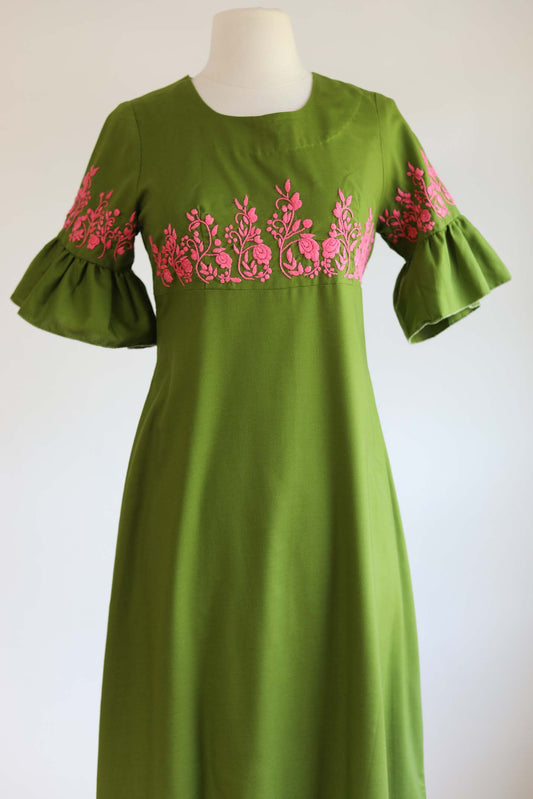 Vintage 1960s to 1970s Maxi Dress - Vibrant Olive Green Cotton Blend + Hot Pink Embroidery Mexican Gown Kaftan Size XS to S