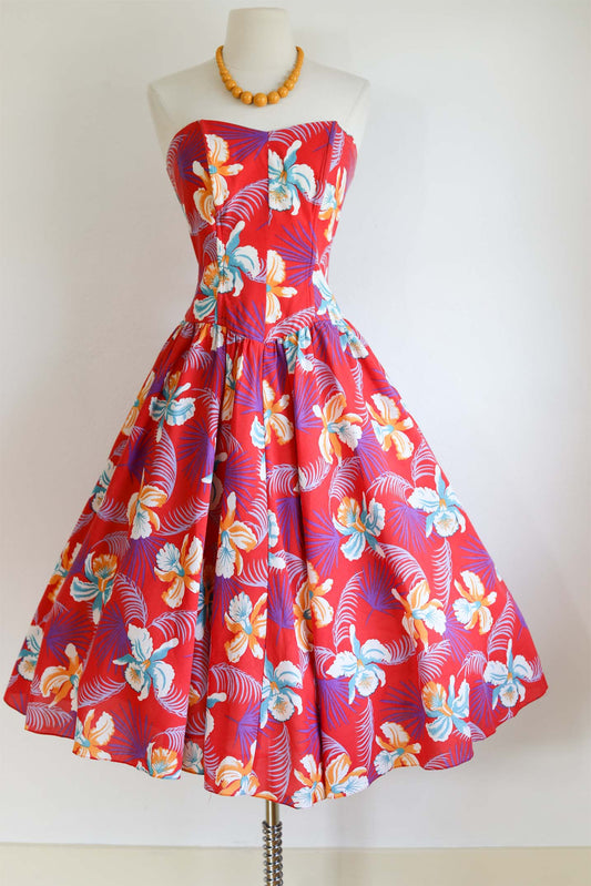 Vintage 1980s Hawaiian Dress - Vivacious Red Cotton w Orchid Tropical Floral Print Princess Sundress Size S to M