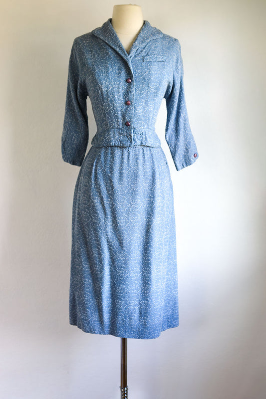 Vintage 1950s Princess Suit - Cozy Cloudy Blue Alden's Cropped Wasp-Waist Jacket + Skirt Size S