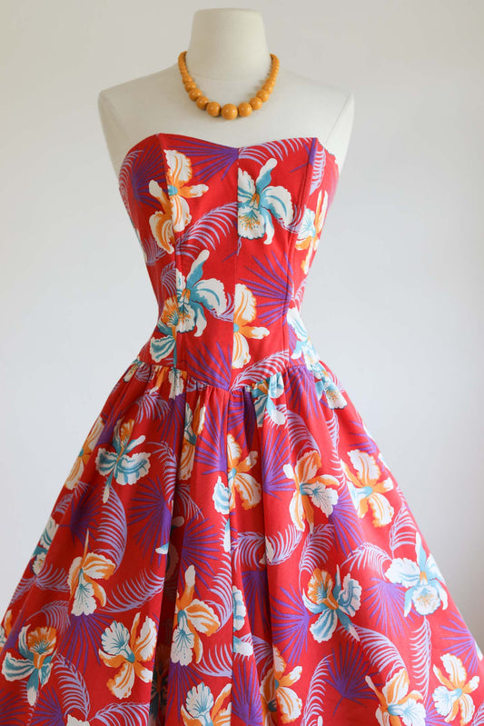 Vintage 1980s Hawaiian Dress - Vivacious Red Cotton w Orchid Tropical Floral Print Princess Sundress Size S to M