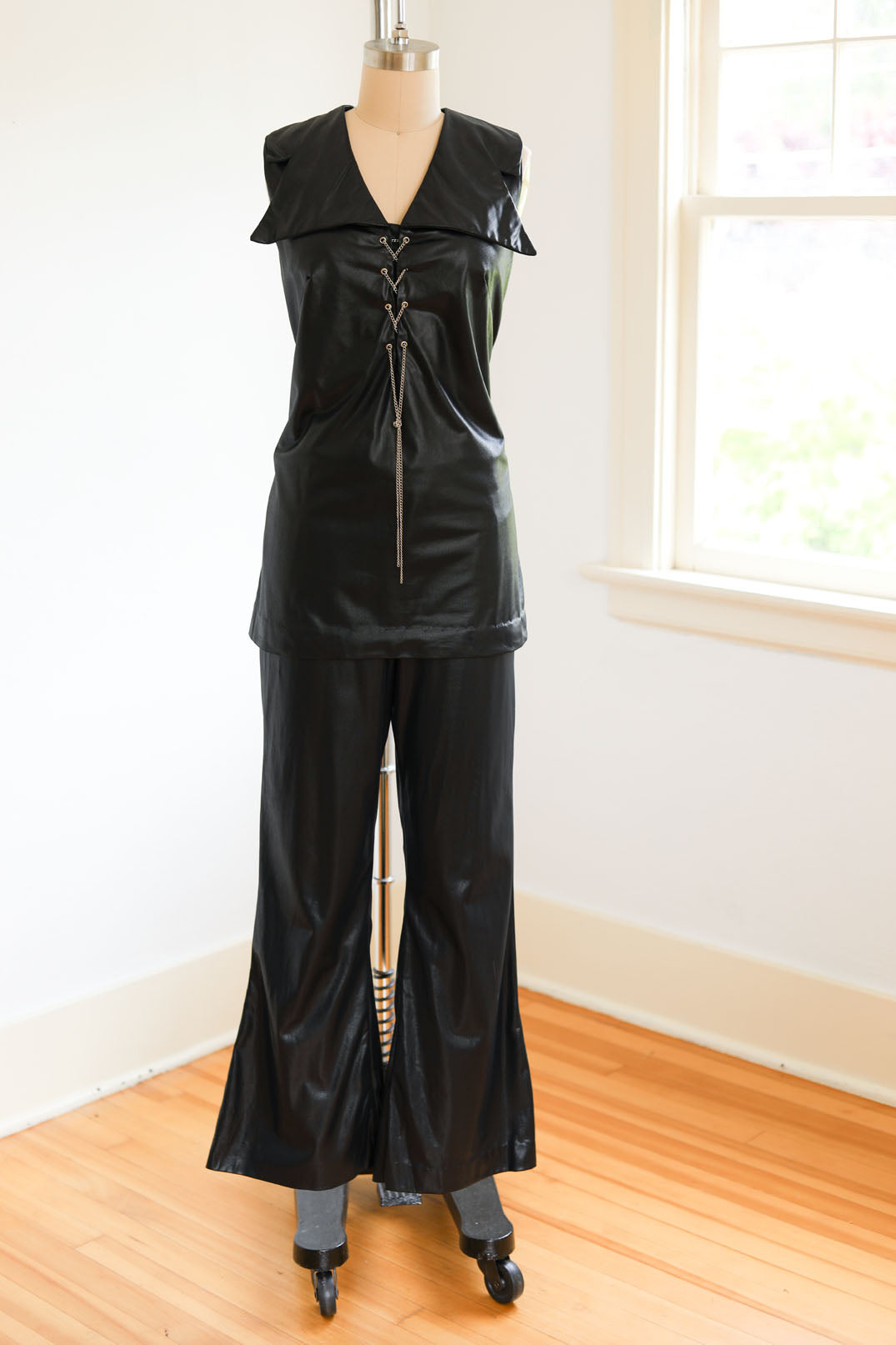 Vintage 1960s to 1970s WILD Fetish Pantsuit - Black Wet Look Slinky Blouse w Stabby Collar + CHAIN Corset, Low-Rise Flare Pants Size M - L