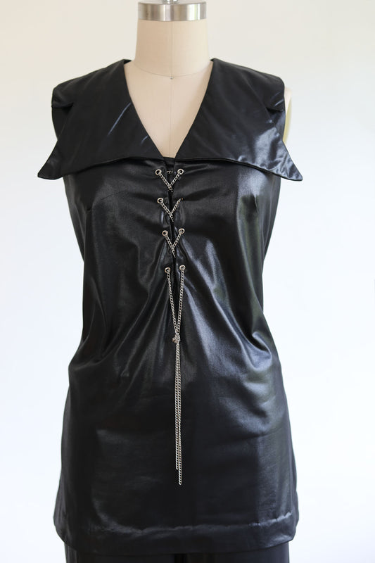 Vintage 1960s to 1970s WILD Fetish Pantsuit - Black Wet Look Slinky Blouse w Stabby Collar + CHAIN Corset, Low-Rise Flare Pants Size M - L