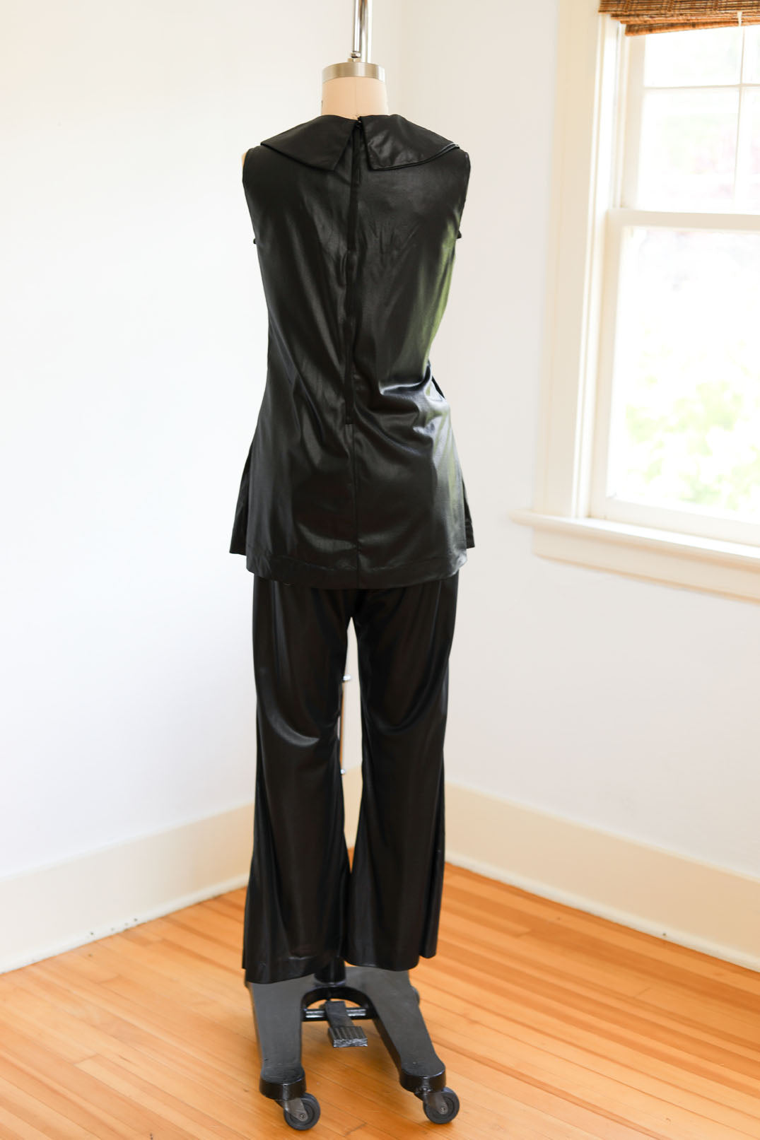 Vintage 1960s to 1970s WILD Fetish Pantsuit - Black Wet Look Slinky Blouse w Stabby Collar + CHAIN Corset, Low-Rise Flare Pants Size M - L