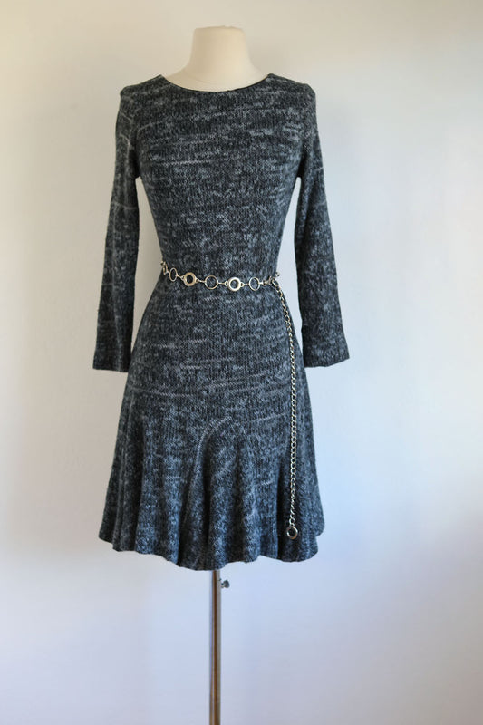 Vintage 1960s to 1970s Knit Dress - Slinky, Cozy Saba Designer Space Dye Knitwear Stormy Gray + Charcoal w Flippy Skirt Size M to L