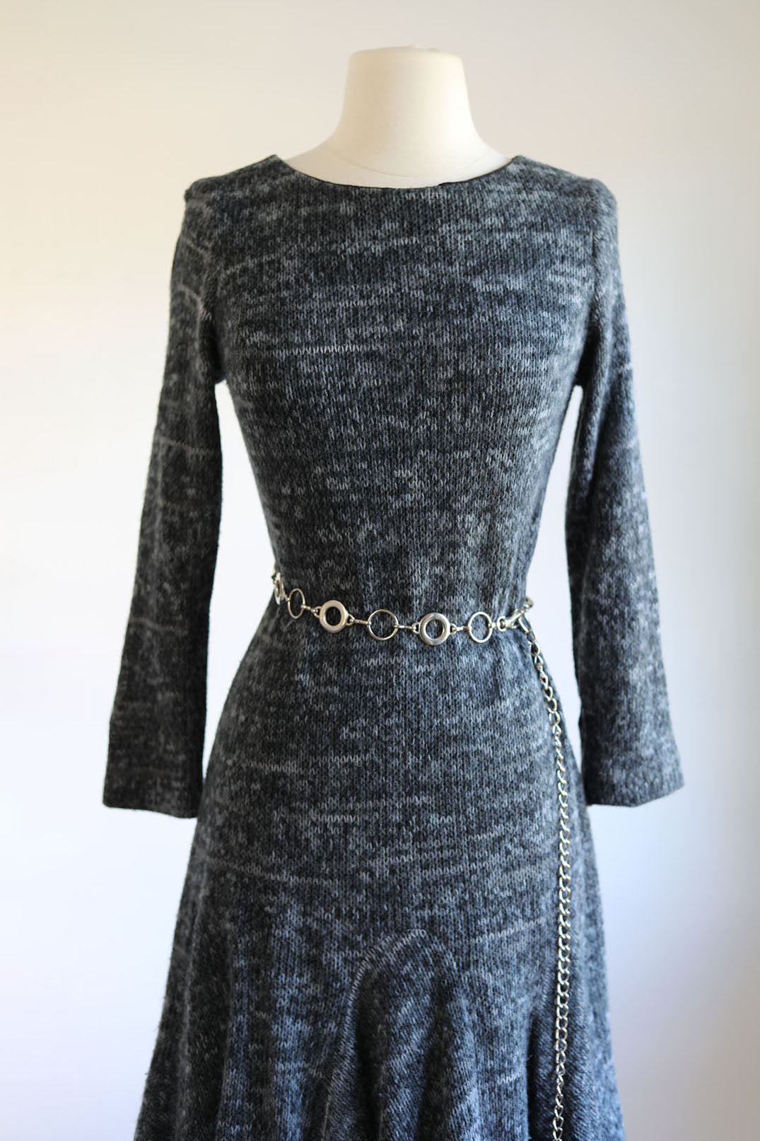 Vintage 1960s to 1970s Knit Dress - Slinky, Cozy Saba Designer Space Dye Knitwear Stormy Gray + Charcoal w Flippy Skirt Size M to L