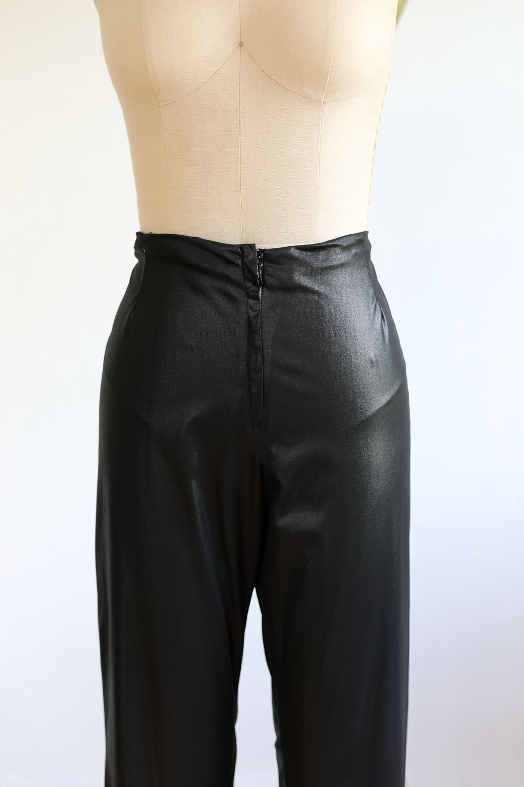 Vintage 1960s to 1970s WILD Fetish Pantsuit - Black Wet Look Slinky Blouse w Stabby Collar + CHAIN Corset, Low-Rise Flare Pants Size M - L