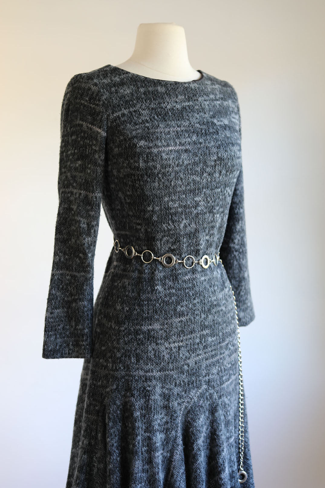 Vintage 1960s to 1970s Knit Dress - Slinky, Cozy Saba Designer Space Dye Knitwear Stormy Gray + Charcoal w Flippy Skirt Size M to L