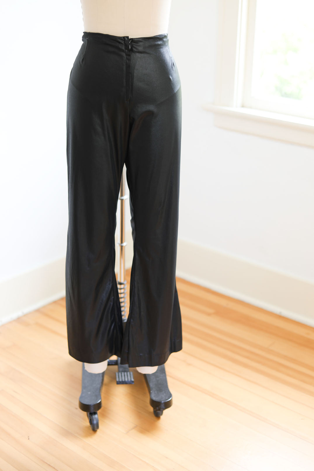 Vintage 1960s to 1970s WILD Fetish Pantsuit - Black Wet Look Slinky Blouse w Stabby Collar + CHAIN Corset, Low-Rise Flare Pants Size M - L