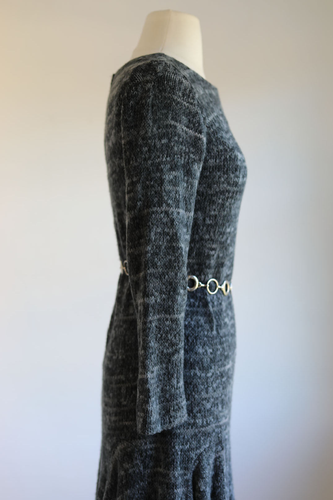Vintage 1960s to 1970s Knit Dress - Slinky, Cozy Saba Designer Space Dye Knitwear Stormy Gray + Charcoal w Flippy Skirt Size M to L