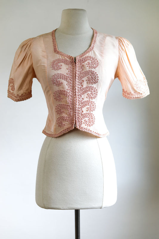 Vintage 1930s Metal Zipper Jacket Blouse - Lingerie Pink Soutache Puff Sleeve Zip-up Top Size XS to Small