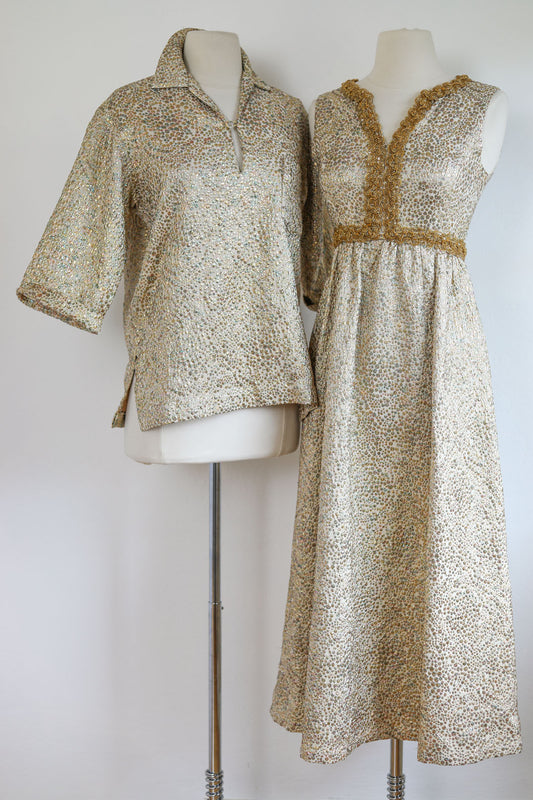 Vintage 1960s Dress + Tunic Wedding Set - Sparkling Aurora Borelis + Gold Lurex Empire Gown + Unisex Shirt Size XS or M/Le