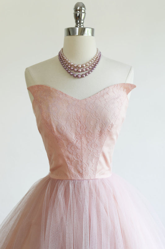 Vintage 1950s Dress - SWEET w an EDGE Pastel Pink Tulle Lace Strapless Gown w Fanged Bust Size S