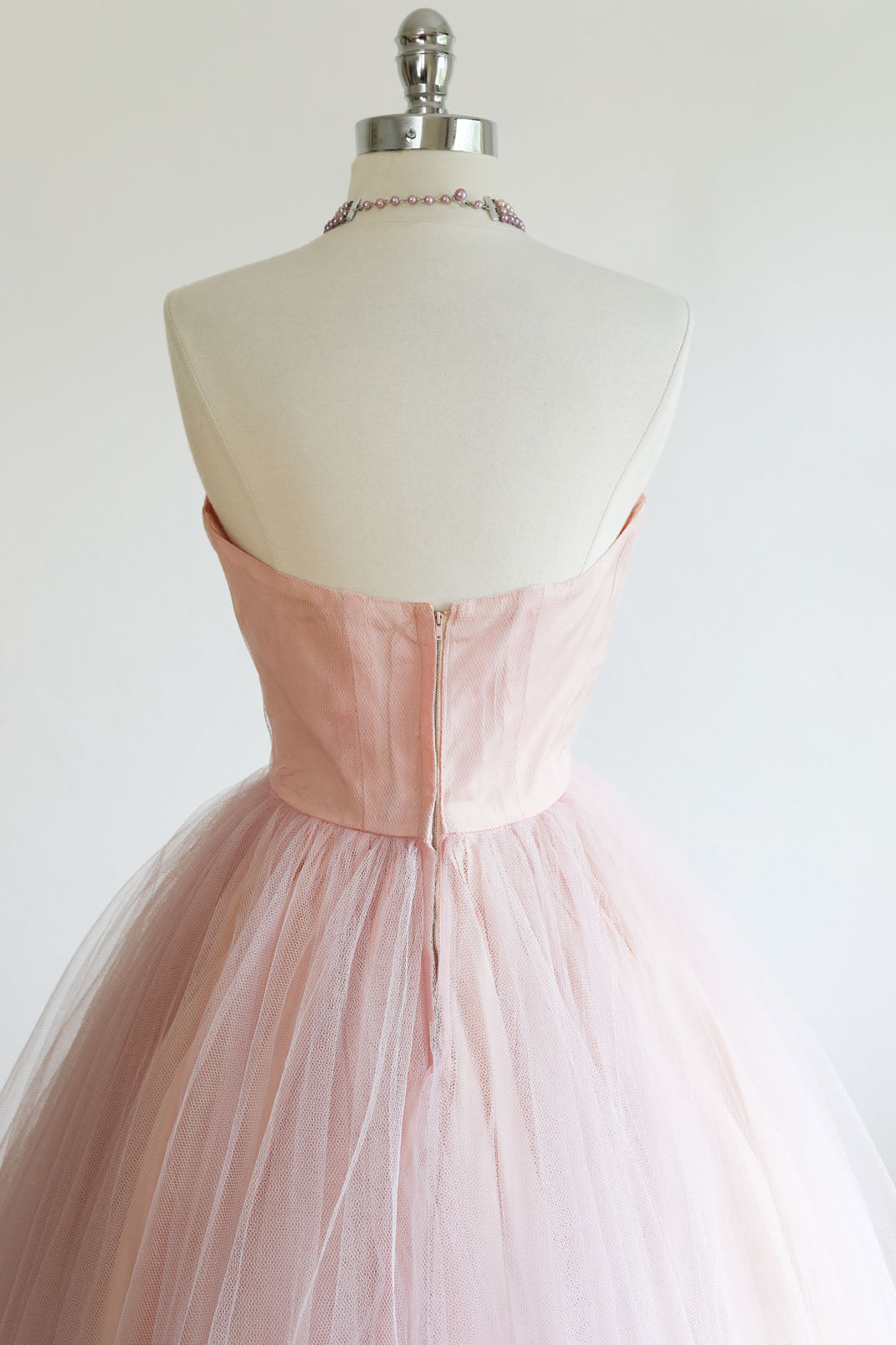Vintage 1950s Dress - SWEET w an EDGE Pastel Pink Tulle Lace Strapless Gown w Fanged Bust Size S