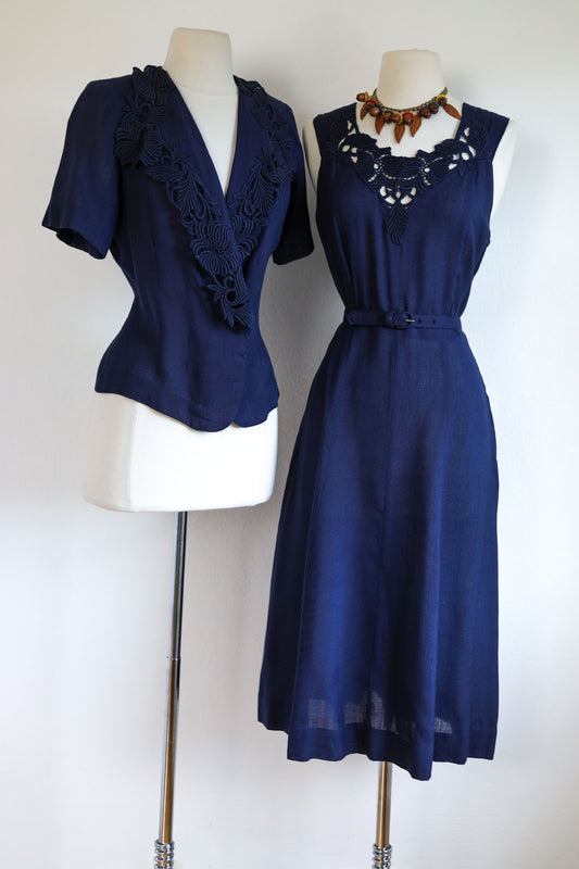 Vintage 1940s to 1950s Suit Dress - Striking Butcher Linen Rayon + Lace Jacket Princess Seam Sundress Size L