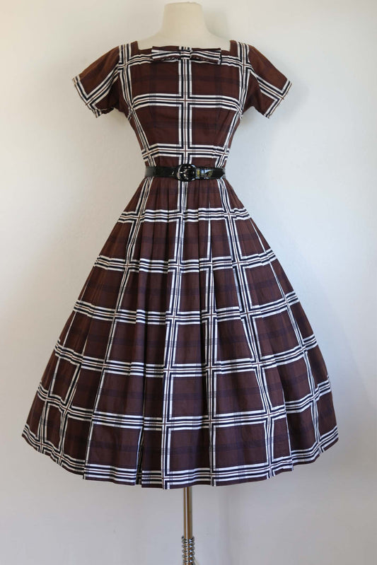 Vintage 1950s Party Dress - Smart Espresso Black White Plaid Cotton w Bowtie Dress Size XS to S