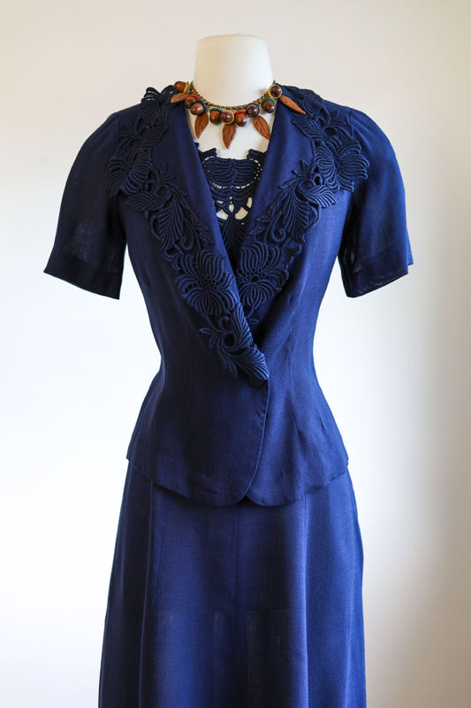 Vintage 1940s to 1950s Suit Dress - Striking Butcher Linen Rayon + Lace Jacket Princess Seam Sundress Size L