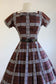 Vintage 1950s Party Dress - Smart Espresso Black White Plaid Cotton w Bowtie Dress Size XS to S