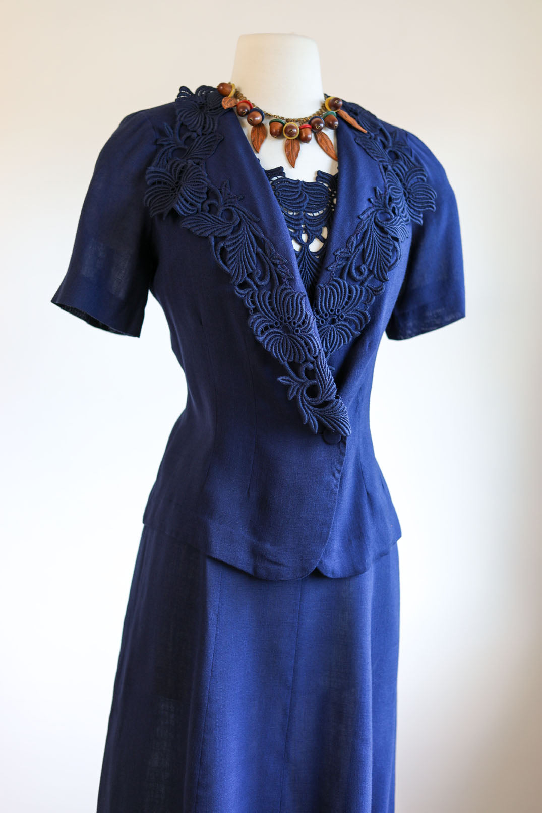 Vintage 1940s to 1950s Suit Dress - Striking Butcher Linen Rayon + Lace Jacket Princess Seam Sundress Size L
