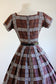 Vintage 1950s Party Dress - Smart Espresso Black White Plaid Cotton w Bowtie Dress Size XS to S