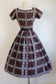 Vintage 1950s Party Dress - Smart Espresso Black White Plaid Cotton w Bowtie Dress Size XS to S