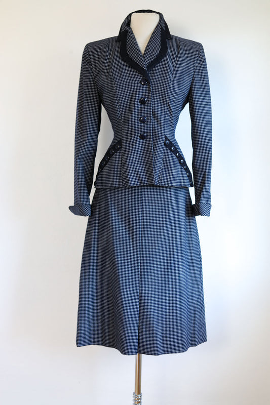 Vintage 1940s Princess Suit - Designer Perfection! Ink Blue Grid Plaid w 18 Bakelite Buttons Galore Size XS to S