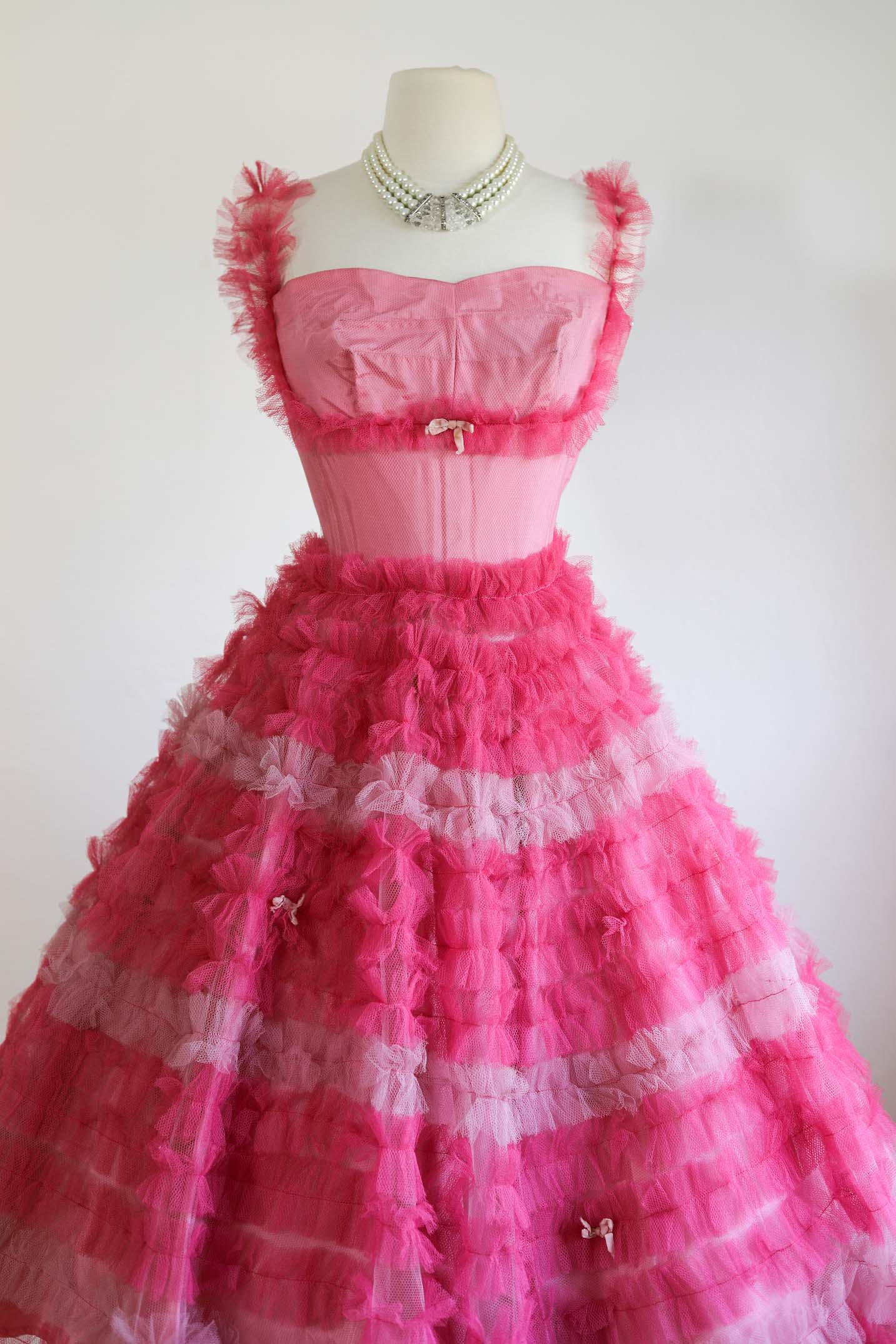 Vintage 1950s Prom Dress - Utterly Unbelievable Shocking Pink Tulle Tea Length Party Dress Size XS