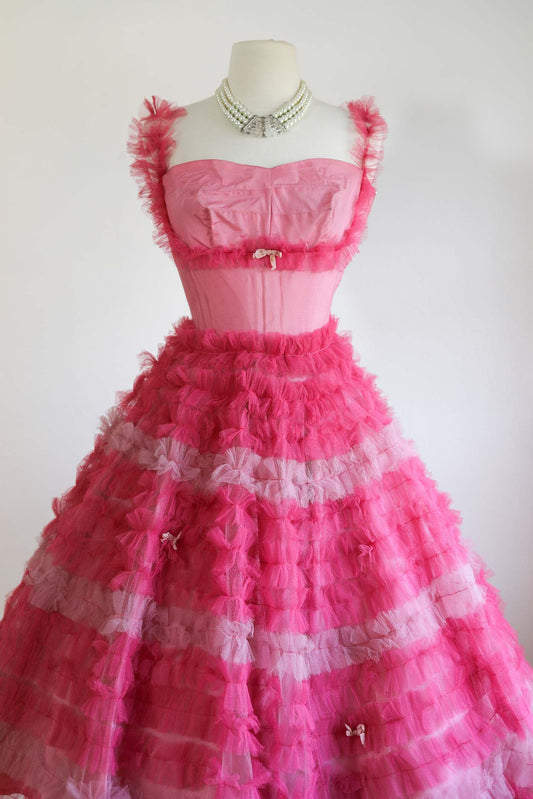 Vintage 1950s Prom Dress - Utterly Unbelievable Shocking Pink Tulle Tea Length Party Dress Size XS
