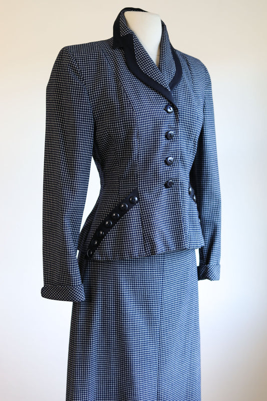 Vintage 1940s Princess Suit - Designer Perfection! Ink Blue Grid Plaid w 18 Bakelite Buttons Galore Size XS to S