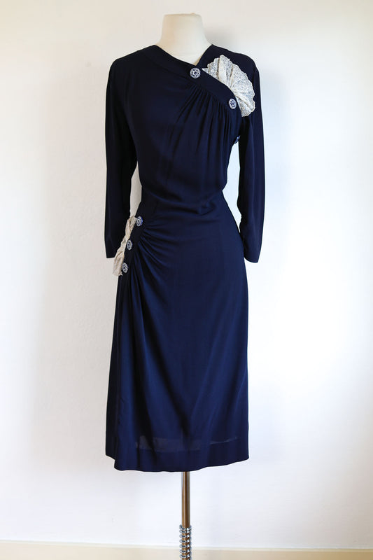 Vintage 1940s Dress - Stellar Midnight Blue Rayon Draped Asymmetrical w Button + Organdy Details Size L
