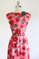 Vintage 1950s Dress - SATURATED Red Pink Poppy Floral Print Hourglass w Belt Size L
