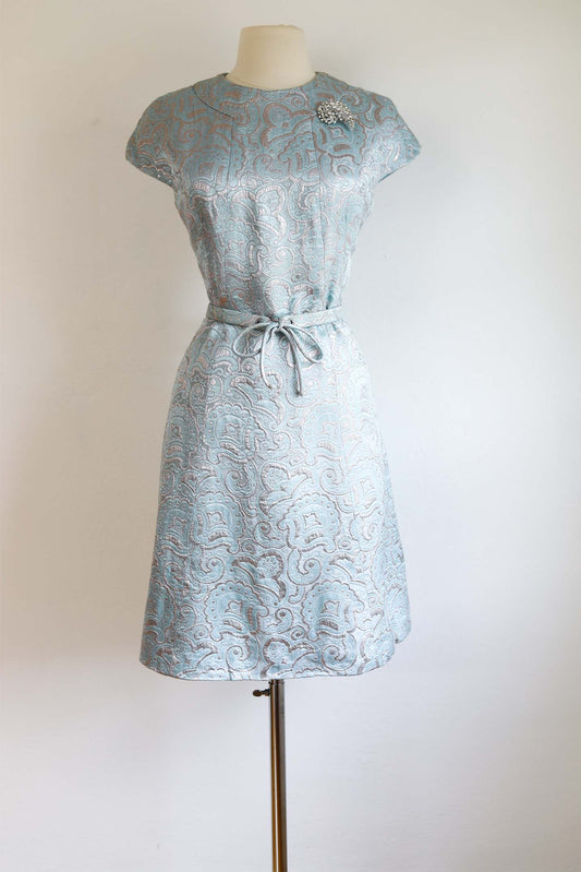 Vintage 1960s Adele Simpson Dress - Icy Blue Metallic Lurex Silver Silk Princess Seam w Amazeballs Rhinestone Belt Size M to L