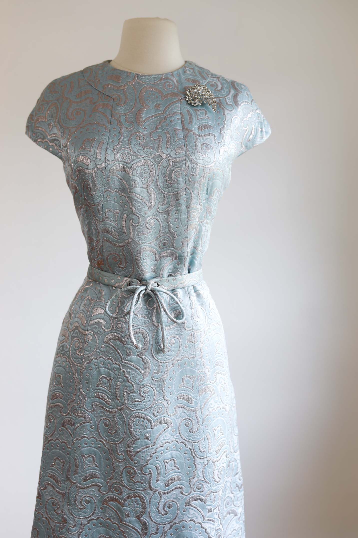 Vintage 1960s Adele Simpson Dress - Icy Blue Metallic Lurex Silver Silk Princess Seam w Amazeballs Rhinestone Belt Size M to L