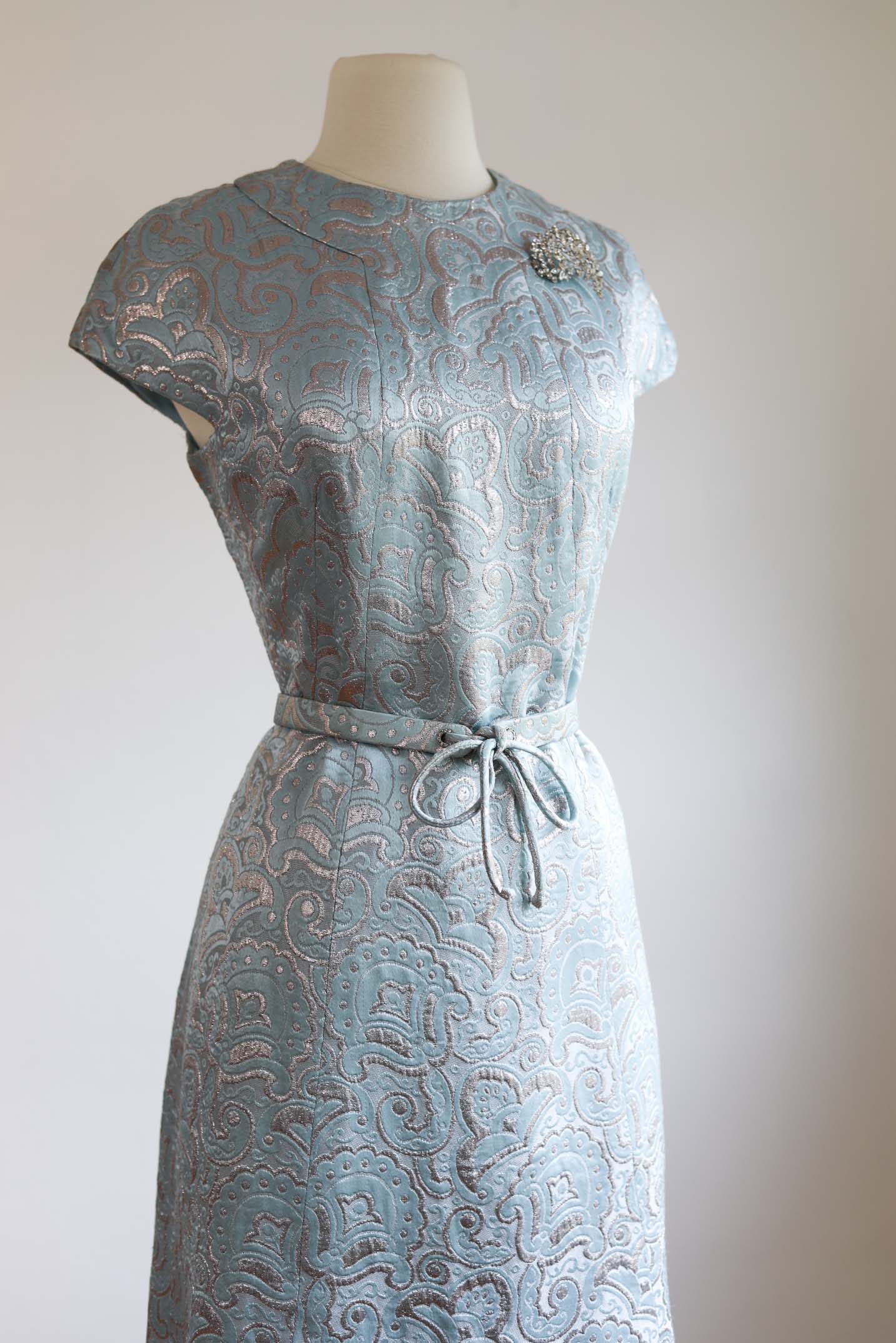 Vintage 1960s Adele Simpson Dress - Icy Blue Metallic Lurex Silver Silk Princess Seam w Amazeballs Rhinestone Belt Size M to L
