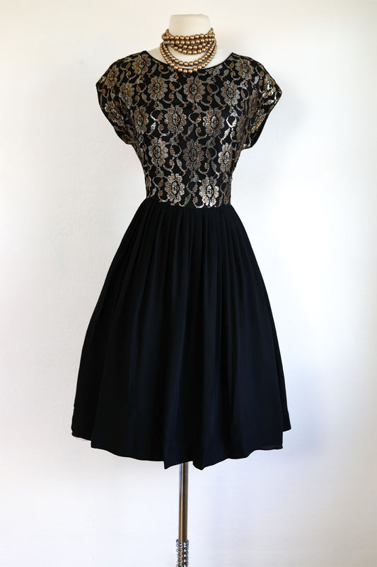 Vintage 1950s to 1960s Dress - Volup! “Mode O’ Day” Black Silver Gold Metallic Lurex Cocktail Party Dress Size XL