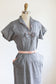 Vintage 1950s Dress - SMART Grey Polka Dot w Pink Linen Trim + Aggro Hip Pockets Size XS - S