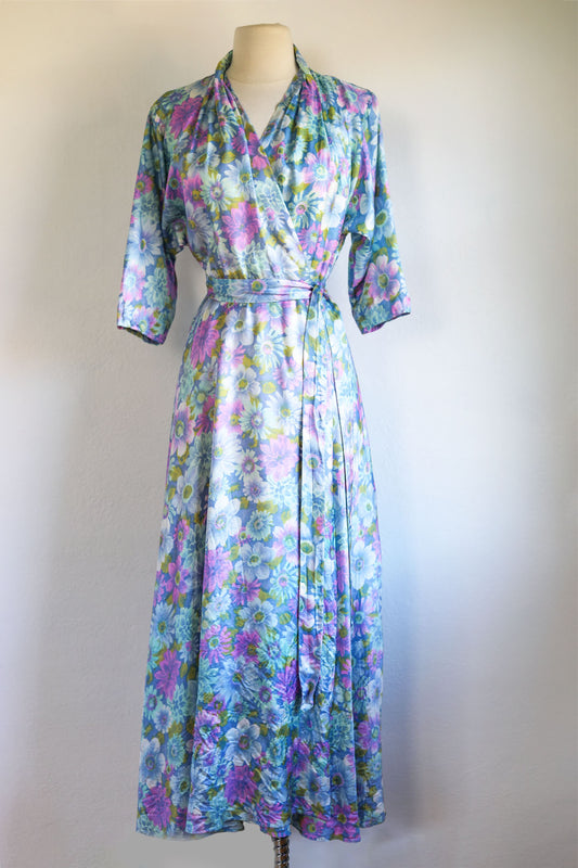 Vintage 1950s Dressing Gown - Rayon Bias Satin Chartreuse Pink Blue Floral Print Lingerie Wrap Hostess House Coat Size M to L