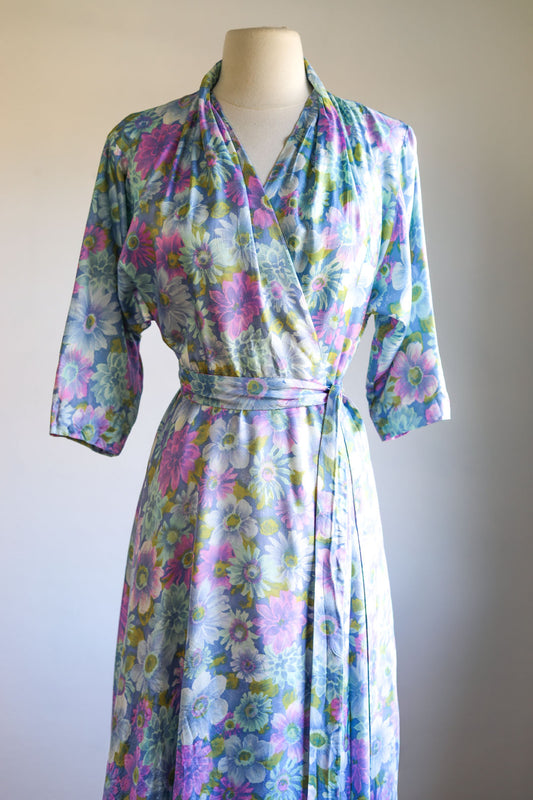 Vintage 1950s Dressing Gown - Rayon Bias Satin Chartreuse Pink Blue Floral Print Lingerie Wrap Hostess House Coat Size M to L