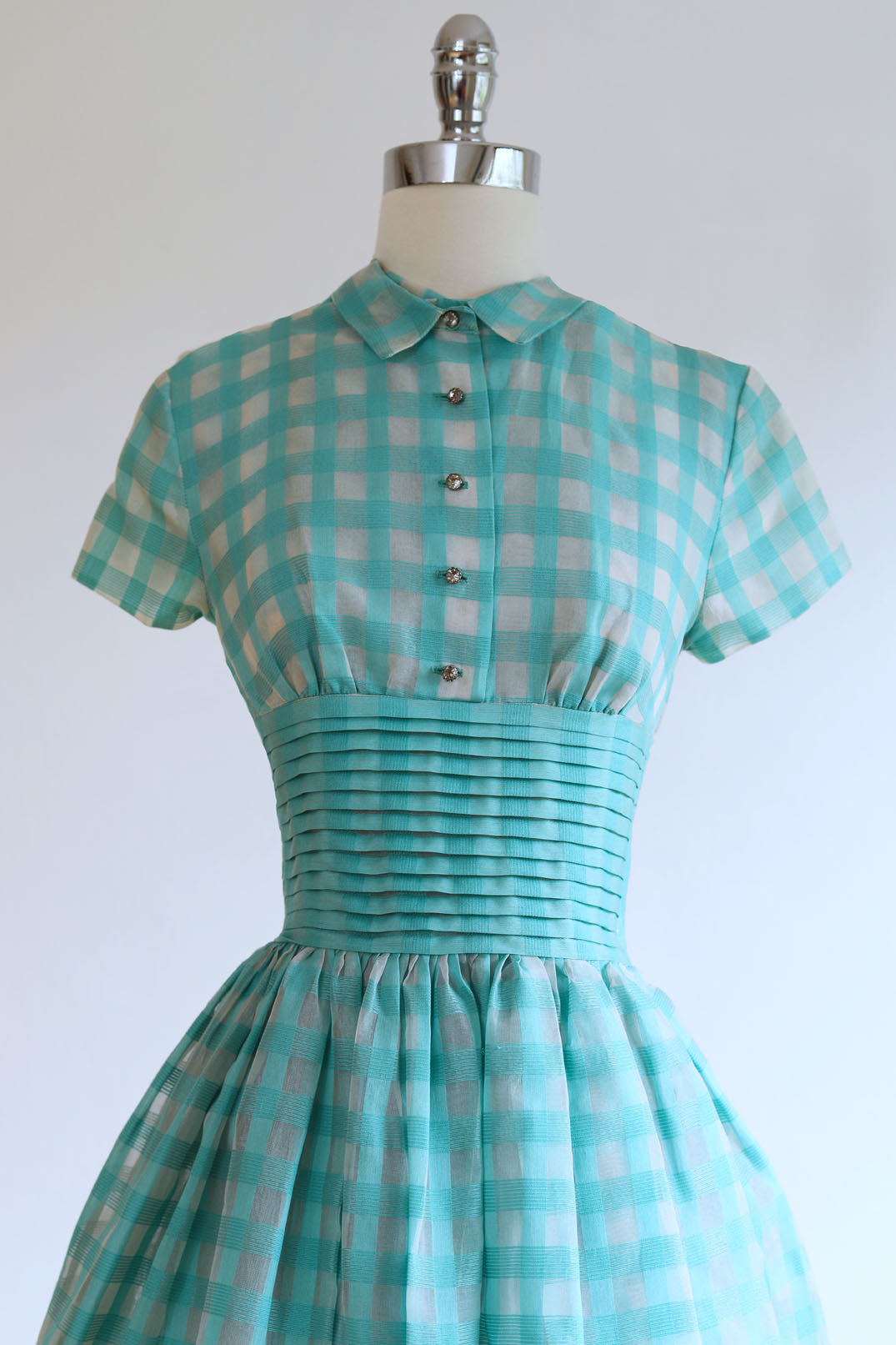 Vintage 1950s Dress - DARLING Mint Green Plaid Organdy Party Shirtwaist Frock w Rhinestones Junior Size XS - S