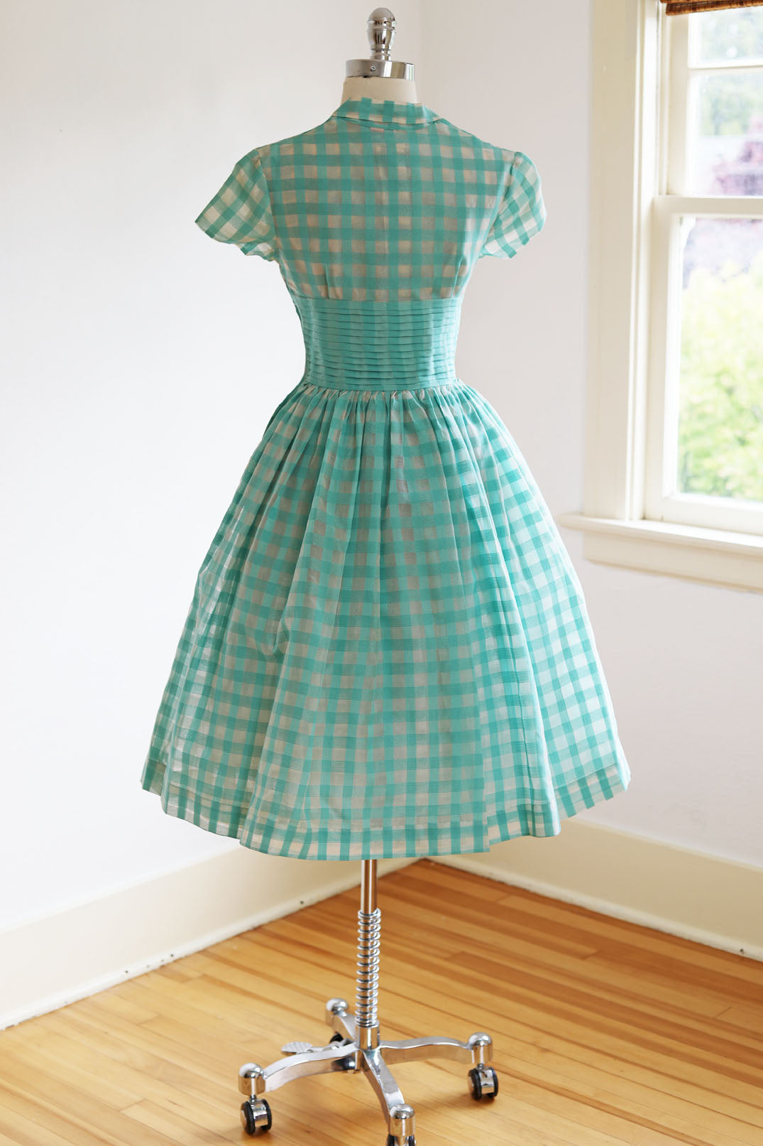 Vintage 1950s Dress - DARLING Mint Green Plaid Organdy Party Shirtwaist Frock w Rhinestones Junior Size XS - S