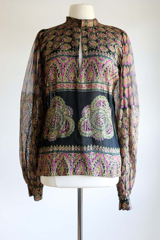 Vintage 1970s Blouse - Incredible Sheer Indian Silk Balloon Bishop Sleeve Top w Gold Size S to M